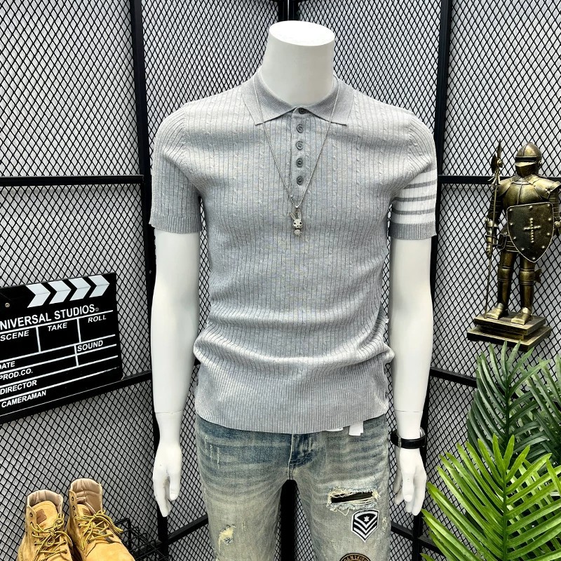 Polo camiseta de punto camiseta de manga corta hombre cuatro barras TB rayas tricolores torsión vieja fábrica de viento de dinero transfronterizo al por mayor