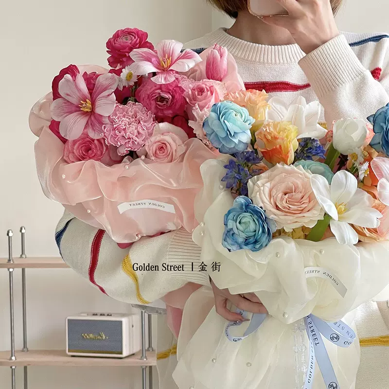 创意流光纱冰丝真丝纱鲜花花束包装纱小香风布长款包布光滑纱批发