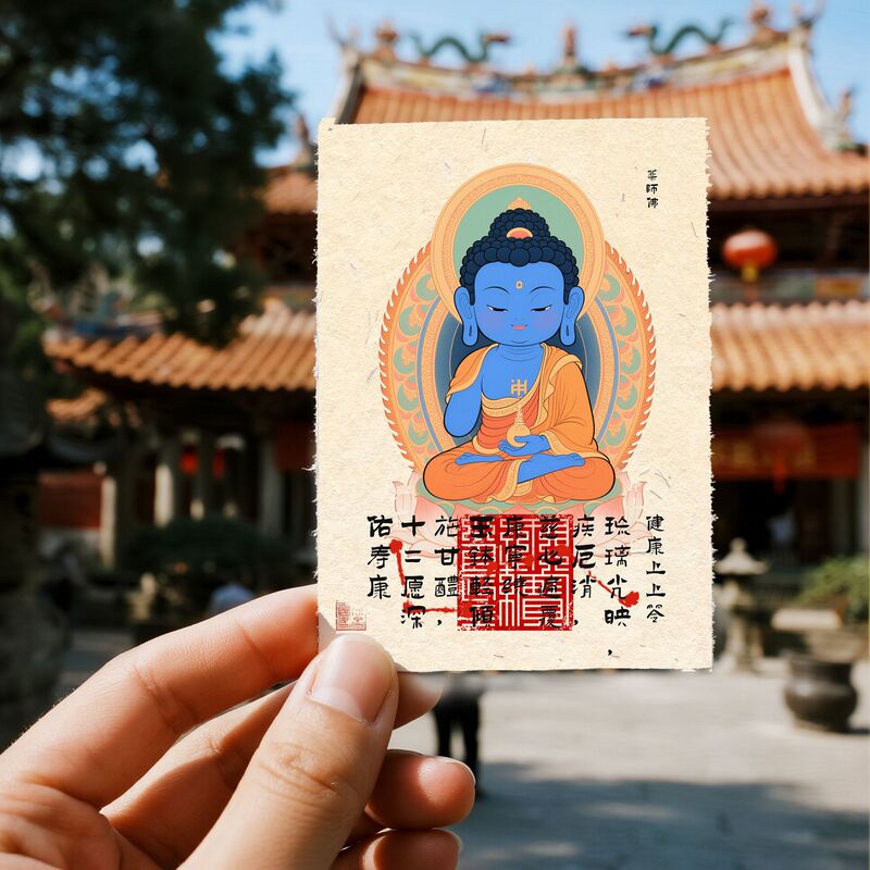 小红书爆款千佛山东方三圣药师佛寺庙文创招财保平安贴纸手机贴|undefined