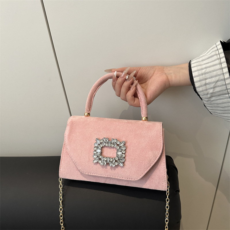 Versión coreana de simple y elegante color sólido 2025 verano nuevo casual cadena de cercanías bandolera bolso cuadrado pequeño de diamante brillante