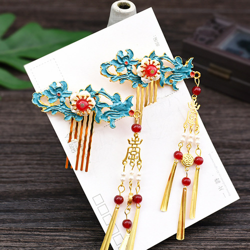 New style qipao Hanfu head accessory, jadeite blue ancient costume flowing silk hairpin, handmade hair comb accessory, traditional Chinese style hair decoration