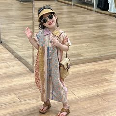 童裝女童連體褲2024夏裝波西米亞風碎花拼色翻領短袖寬鬆連體衣
