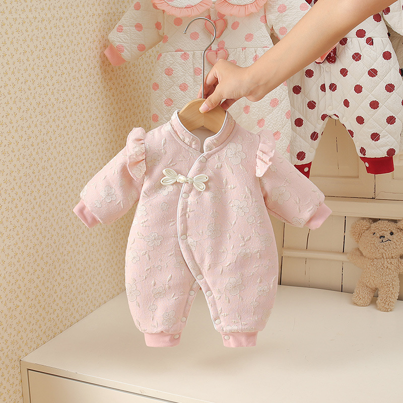 Baby Quilted Winter Floral Romper for Girls, Chinese Style Newborn Fleece-Lined Warm Newborn Clothing