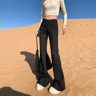 Xk91 Black Elegant Pleated Low-Waisted Retro Slim Fit Suit Straight Micro-Flared Pants for Women Spandex