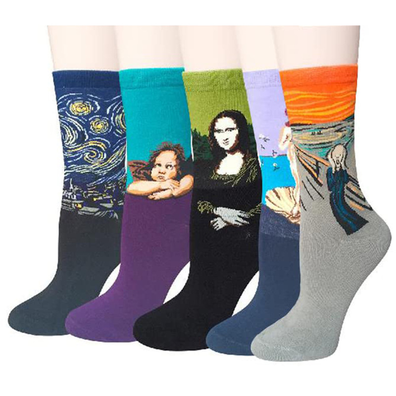 European and American Retro Abstract Art Star Oil Painting Jacquard Van Gogh Socks Mona Lisa Couple Mid-barrel Fashionable Socks for Women