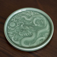 Celadon Pottery Handcrafted Teapot with Ancient Plum Green Glaze, Underglaze Carving Technique, Scholarly Elegant Celadon Carved Pot Stand