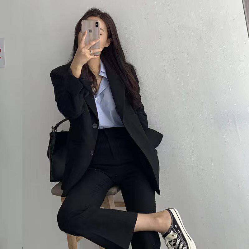 Áo vest nữ dáng rộng cổ vest tay dài phong cách thanh lịch — Tính khí đen