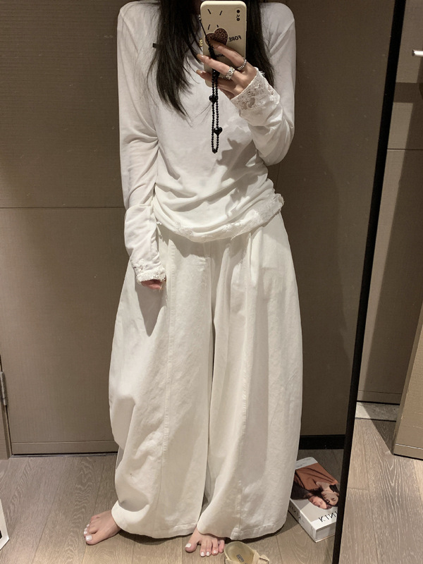 立体弯刀裤 松弛感宽松纯棉阔腿休闲裤女早秋新款白色美式低腰裤|undefined