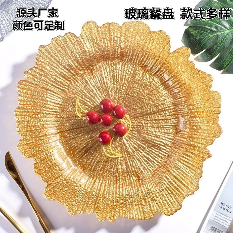 Scandinavian Ins Gold-Rimmed Fruit Plate Golden Snowflake Glass Plate Set Household Simple Shallow Flat Plate Dinner Plate