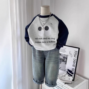 AINI children's cotton sweater raglan contrast color boys and girls printed children's clothing spring and autumn round neck pullover top