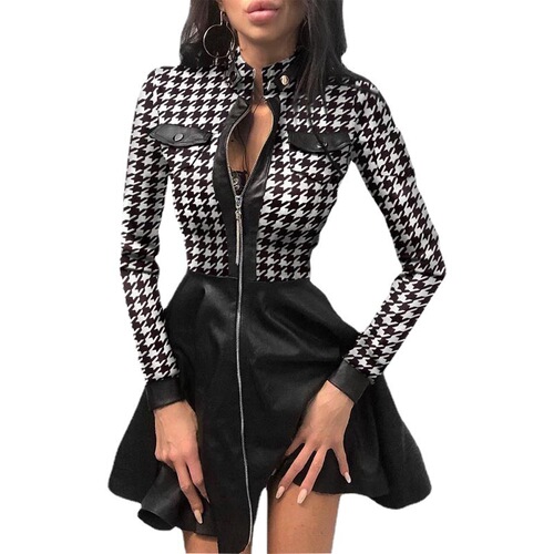 Autumn and winter new women's skirt—hot-selling European and American-style leather-mesh spliced waist-controlled dress