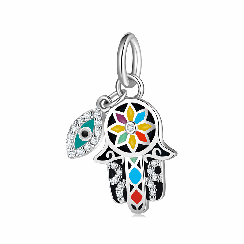 S925 Sterling Silver Hamsa Hand-Shaped Pendant with Diamonds and Resin Blue Eyes, Ethnic Style European and American Cross-Border Jewelry Accessory