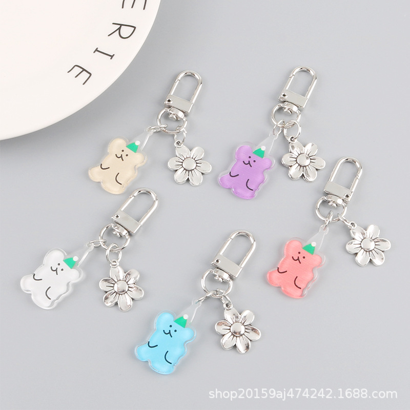 可爱糖果色揣手手小熊汽车钥匙扣挂件创意个性金属花挂饰包包装饰
