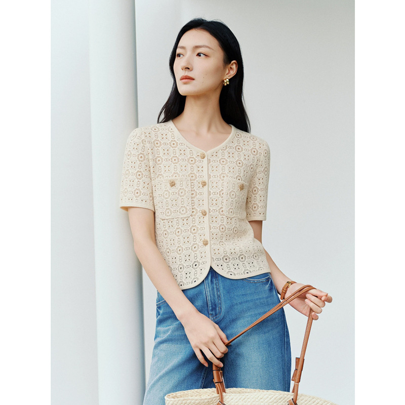 Chanel-style lace hollow-out shirt, exquisite high-end short-sleeve top, 2026 summer new product 1H4920421
