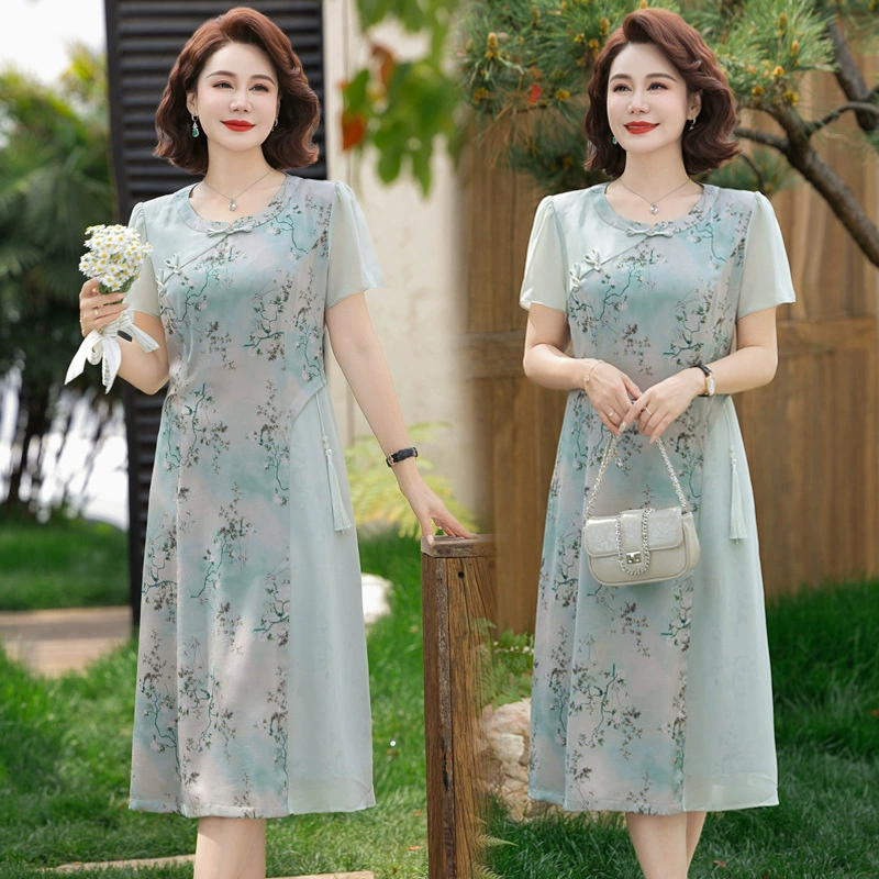 Оптовые летние платья для мам, элегантные платья с короткими рукавами для женщин среднего и пожилого возраста 50 лет, новые длинные платья в китайском стиле на лето.