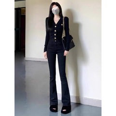 法式小香风黑色v领针织开衫女春秋冬高级感复古短款修身打底上衣