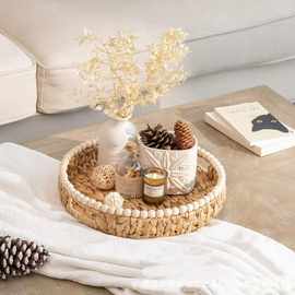 跨境水葫芦草编盘带木珠水果零食盘氛围感香薰蜡烛盘干果盘面包筐
