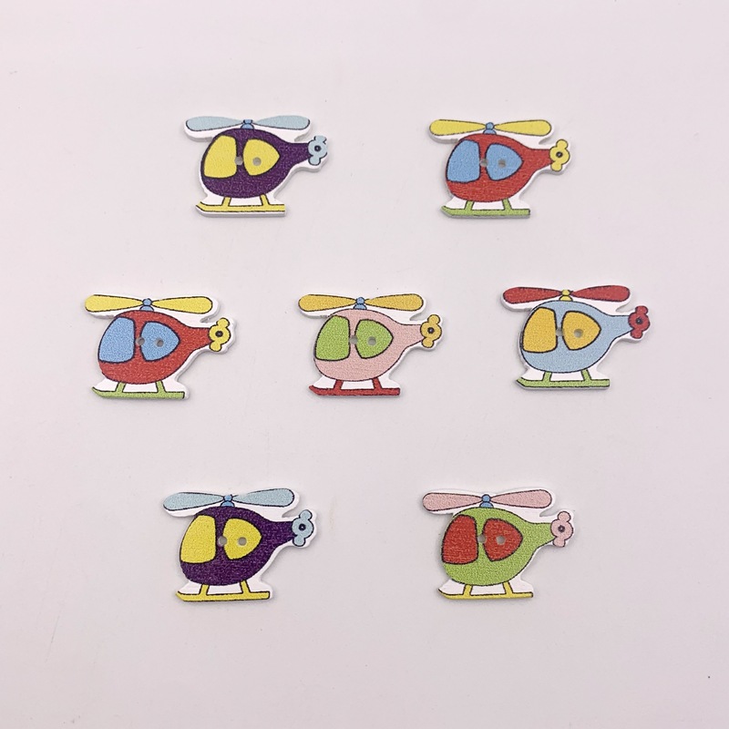 Seis de dibujos animados fondo blanco autobús coche botones de madera pintado helicóptero botones de madera 50 piezas paquete