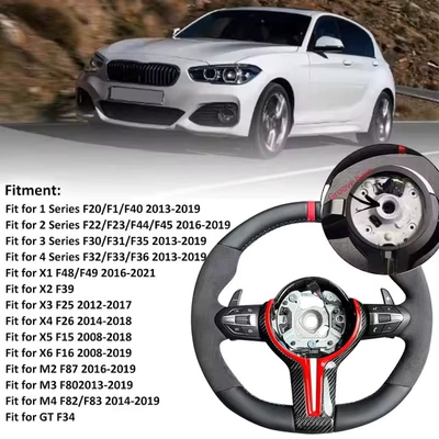Steering wheel | modified steering wheel, genuine - semi-frosted-with-red-leather-straightened-carbon-fiber-red-cross-black-buttons-long-paddle-with-notches