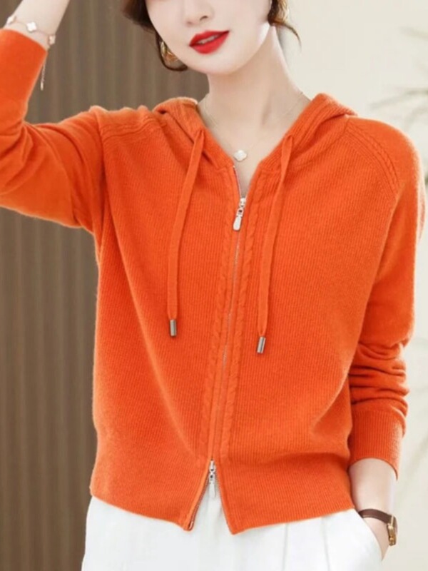 Spring and Autumn Outer Cashmere Sweater Hooded Cardigan Women's Knitted Outer Long-Sleeved Loose Pure Color Bottoming Sweater Jacket
