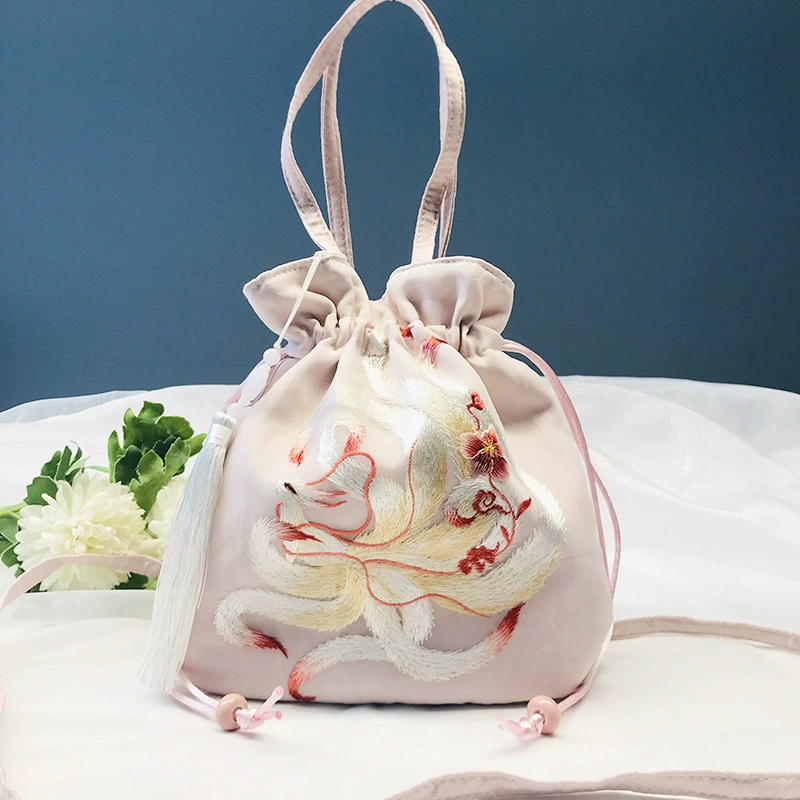 Handheld Hanfu Drawstring Bag, Embroidered Tassels, 22×22 cm, Handmade Accessory