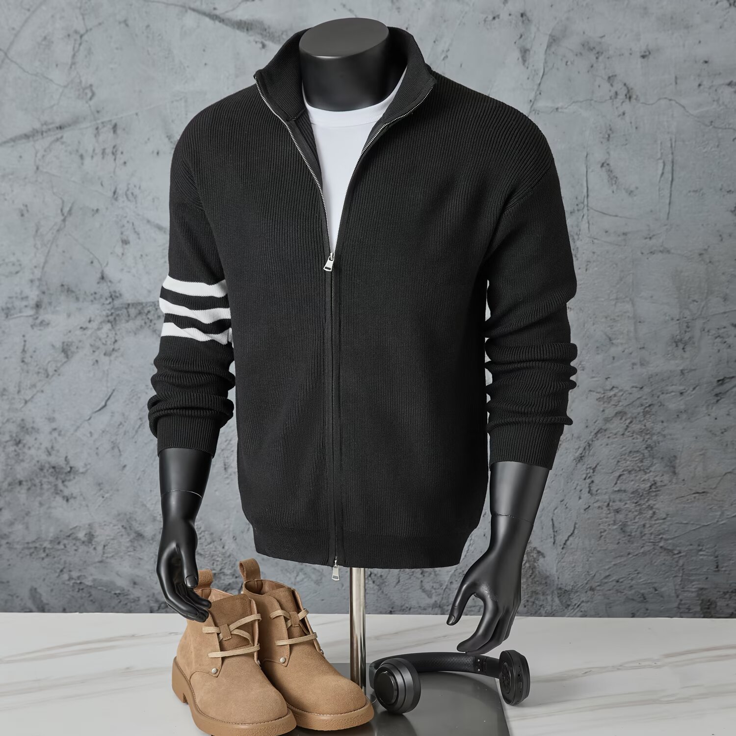 2025 Autumn and Winter New Style Stand Collar Color Block Stripesd Knitted Zipper Shirt Jacket Trendyy Fashion Simple Sweater Jacket for Men