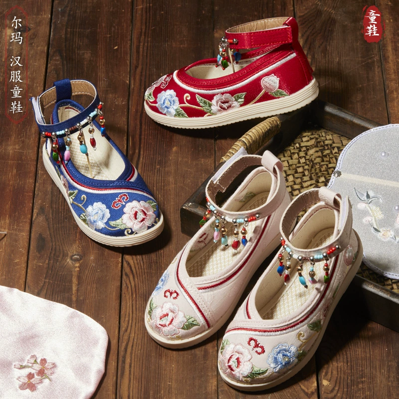 Детские туфли-ханфу на-slip-on D3680, вышивка цветочная, ремешок вокруг щиколотки, 15,2–23 см