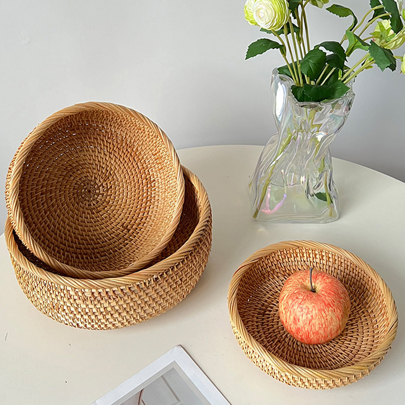 批发越南藤编手工编织零食点心筐圆形果蔬家用茶几收纳篮水果盘