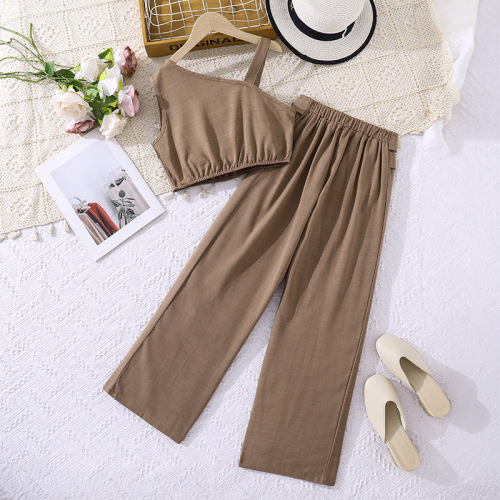 American and European Girls' Set 2026 Summer New Fashion Shoulder Strap Top Casual Wide Leg Suit Pants Two-Piece Set