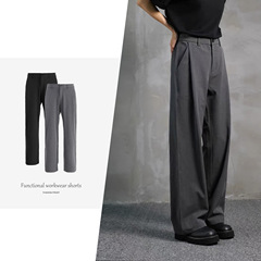 【SPLi】三本針スーツパンツ、黒の秋冬ドレープストレートカジュアルパンツ、ルーズパンツ、ワイドレッグスーツパンツ
