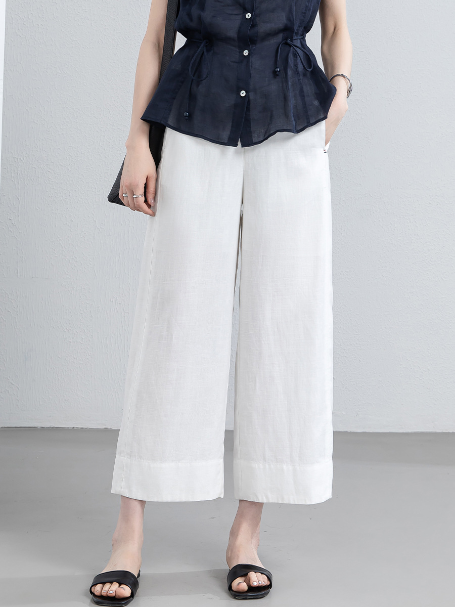 Quần culottes nữ ống rộng phong cách tối giản chất liệu lanh pha sợi thiên ti mỏng nhẹ dáng suông dài 9 phân — Chín điểm - 86193-1 Trắng