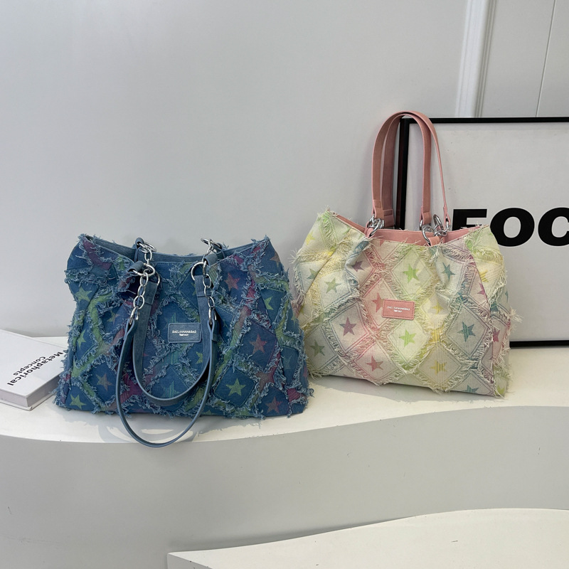 Frayed Star Patchwork Denim Chain Tote Bag 4