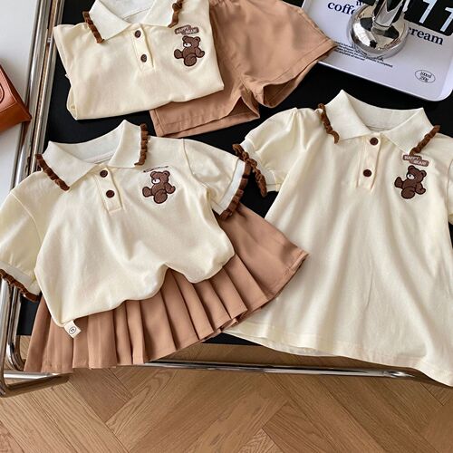 Children's college style summer clothes 0-6 years old summer girls T-shirt bear Polo shirt solid color shorts baby contrasting skirt