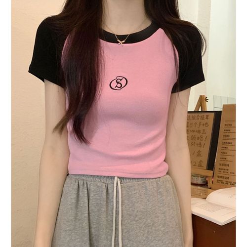 Embroidered Slim-Fit Short-Sleeve T-Shirt for Women, Summer Thin Style, American Vintage Design, Color-Blocked Raglan Sleeves, Chic Crop Top with Regular Shoulder Line