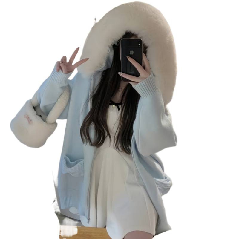 美拉德毛领连帽长袖毛衣外套女冬季新款时尚洋气加厚保暖针织开衫|undefined
