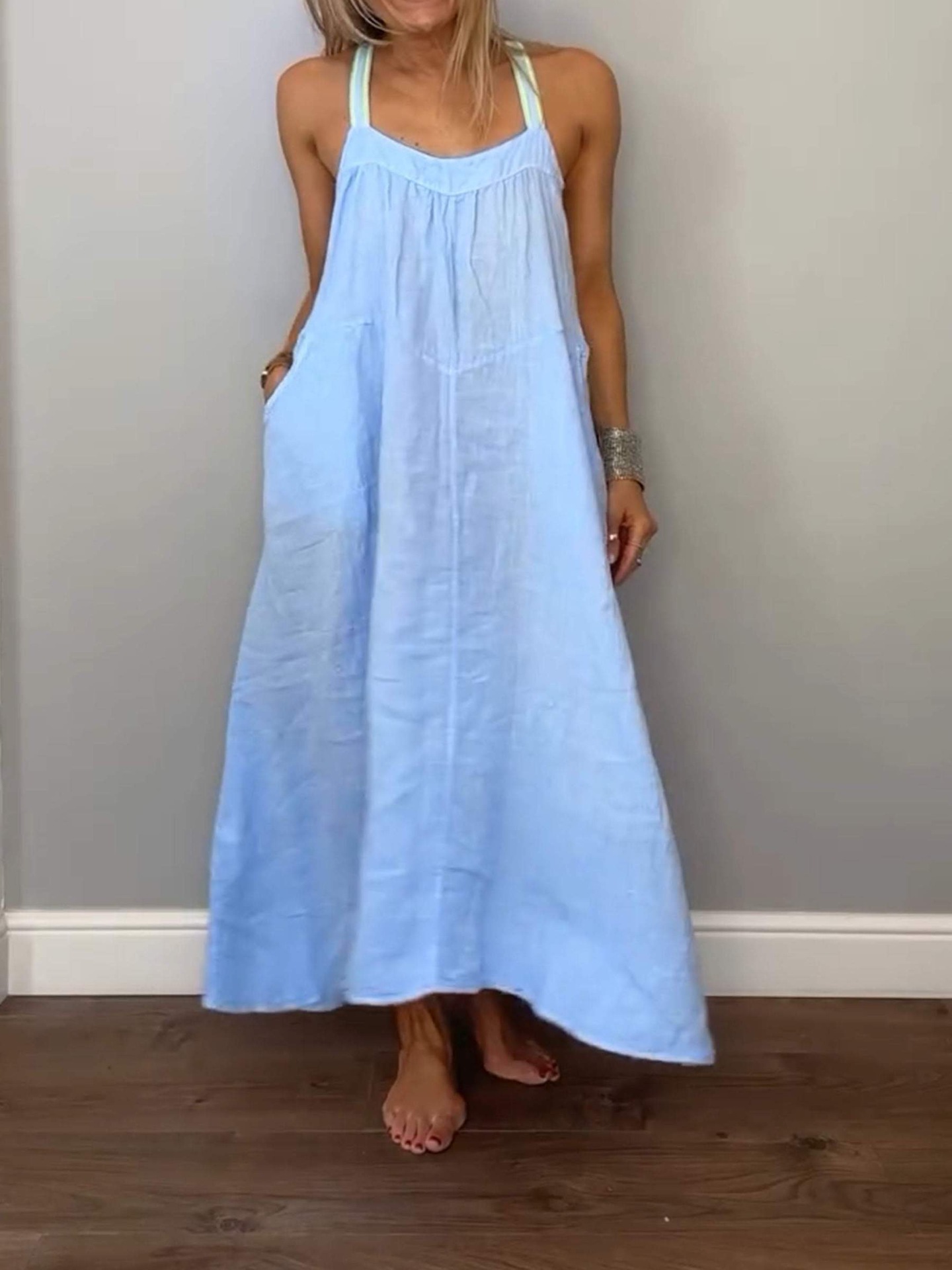 280g Weight Maxi Long Dress Dress Length Type Sleeveless Sleeve Length Strap Dress Dresses Type Cotton and Linen Fabric Type Mid Waist Waist Line Daily Occasion Strap Neckline Loose Fit Type Solid Color Pattern Summer Season Women's Gender Pocket Design Casual Style Wholesale Women's Casual Pocket Solid Color Daily Strap Sleeveless Strap Dress 13