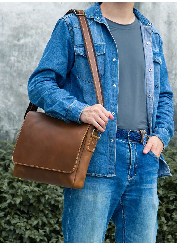 Túi đeo chéo nam da bò thật phong cách messenger cổ điển — Màu đen (cỡ lớn), Cà phê (cỡ lớn), Màu nâu (cỡ lớn), Cà phê đậm 6011 (nhỏ) chi tiết 3