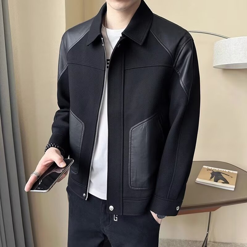 Herren Lederjacke Mit Strick Einsatz Für Frühling Und Herbst_voghion.com