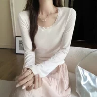 Кружевной лонгслив, корейский стиль, приталенный с бантом, one size (чёрный/белый/розовый/серый)
