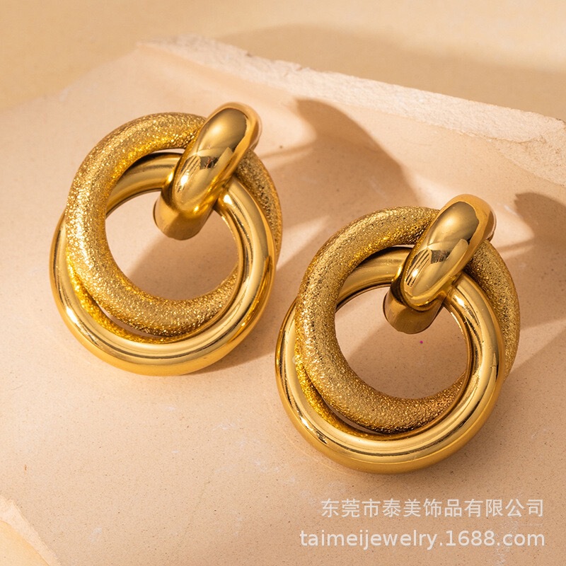 跨境复古钛钢拼线空心欧美耳饰不锈钢镀金耳钉高品质气质耳环饰品|undefined