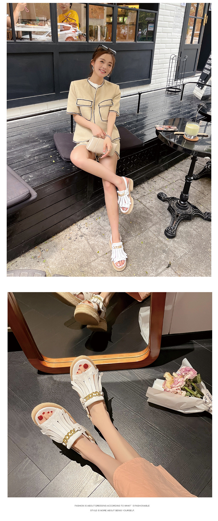 Sandal nữ đế thấp mũi hở quai tua rua đế cói phối dây xích kim loại — màu trắng, bạc chi tiết 8