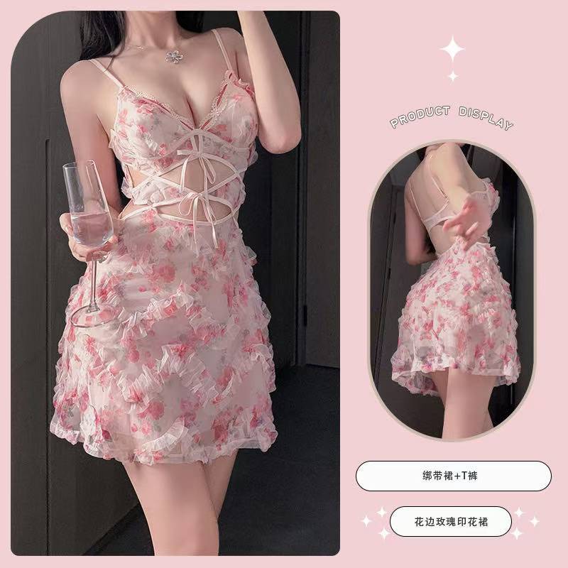 French Lace Suspender Nightgown, Embossed Floral Mesh, Cut-Out Babydoll in Pink — detail image 6