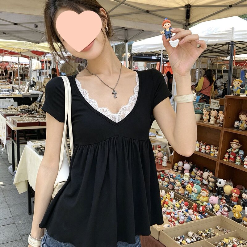 Spring and Summer Short-Sleeved Shirts for Women, 2026 New Style French Tops, Beautiful Black Blouses, Lace Shirts, Trendy