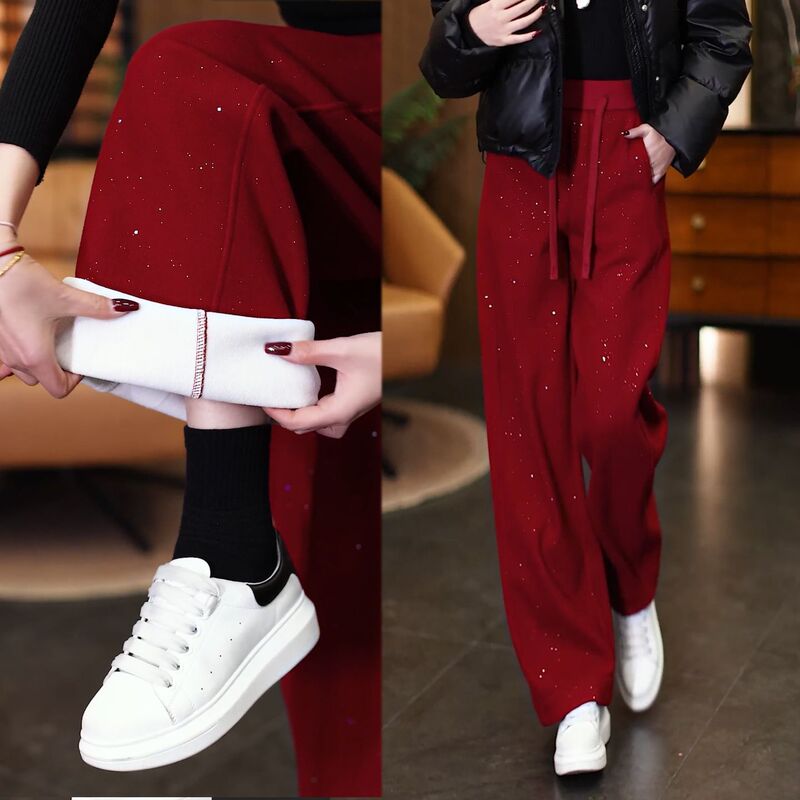 Shiny Wide-Leg Pants for Women, Red Pants with Fleece Lining, Slimming, Fashionable Design, Sequined Casual Loose Straight-Leg Pants Shiny Wide-Leg Pants for Women, Red Pants with Fleece Lining, Slimming, Fashionable Design, Sequined Casual Loose Straight-Leg Pants