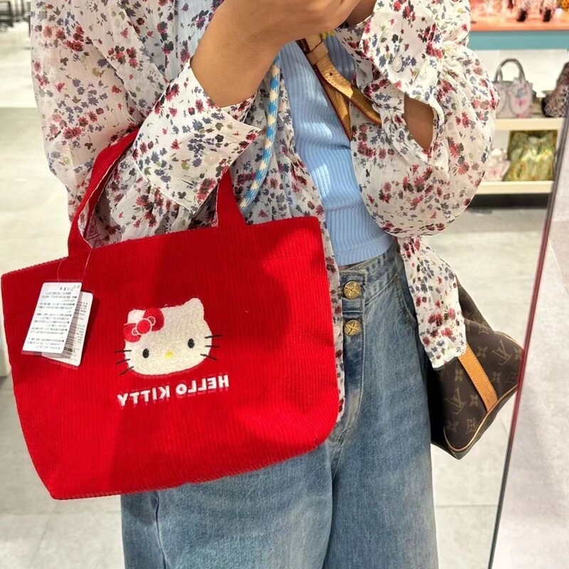 HelloKitty可爱手提包灯芯绒单肩心小托特包外出便当包HR|undefined