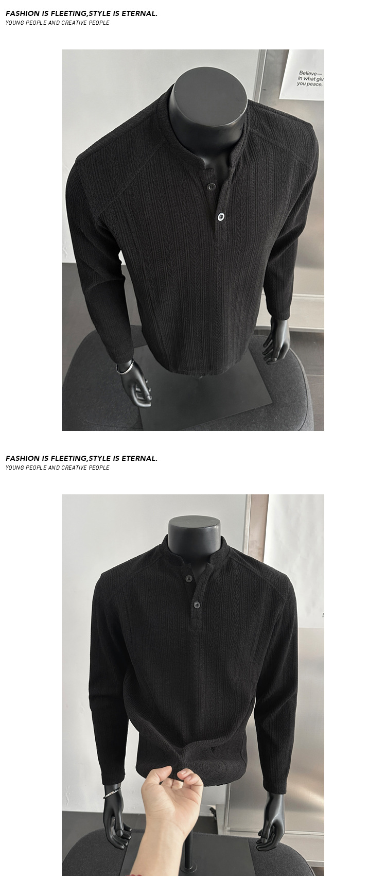 Textured Wheat-ear Pattern Long-sleeve T-shirt For Men Cleanfit_voghion.com
