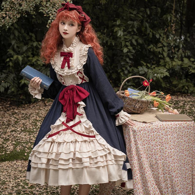 オリジナルデザイン20新作クリームOP長袖スカート清新で可愛いLolita甘美ソフト妹スカート6123|undefined