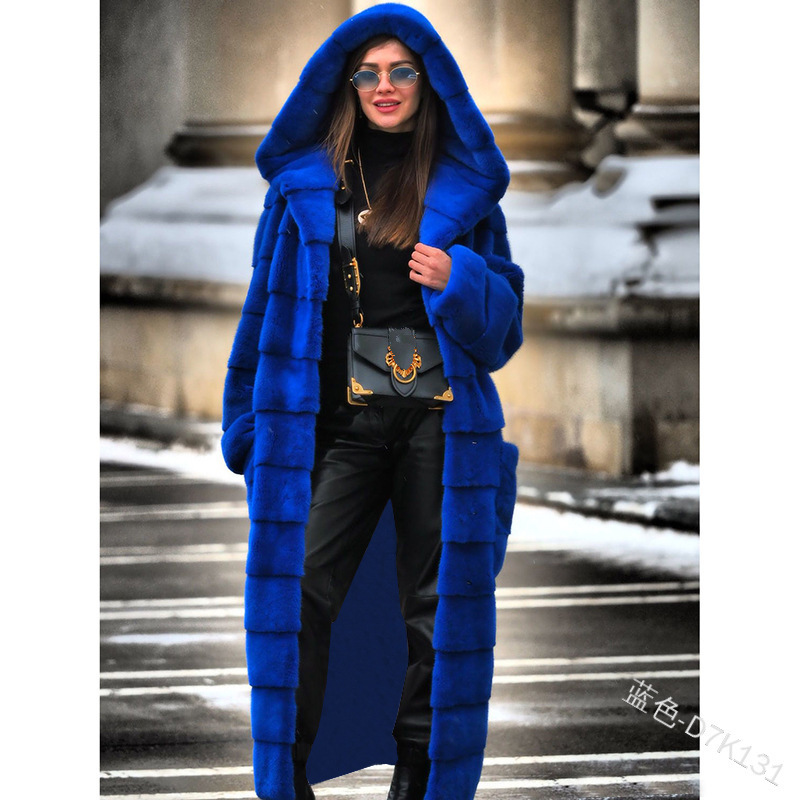 New autumn clothing: faux fur coat with hood, thickened and extended length, plush women's coat, eco-friendly fur