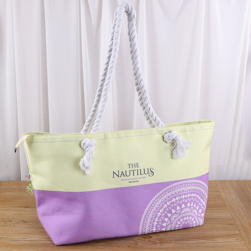 全涤彩印拼接帆布手提袋定制图案logo女生时尚单肩拉链沙滩背包袋