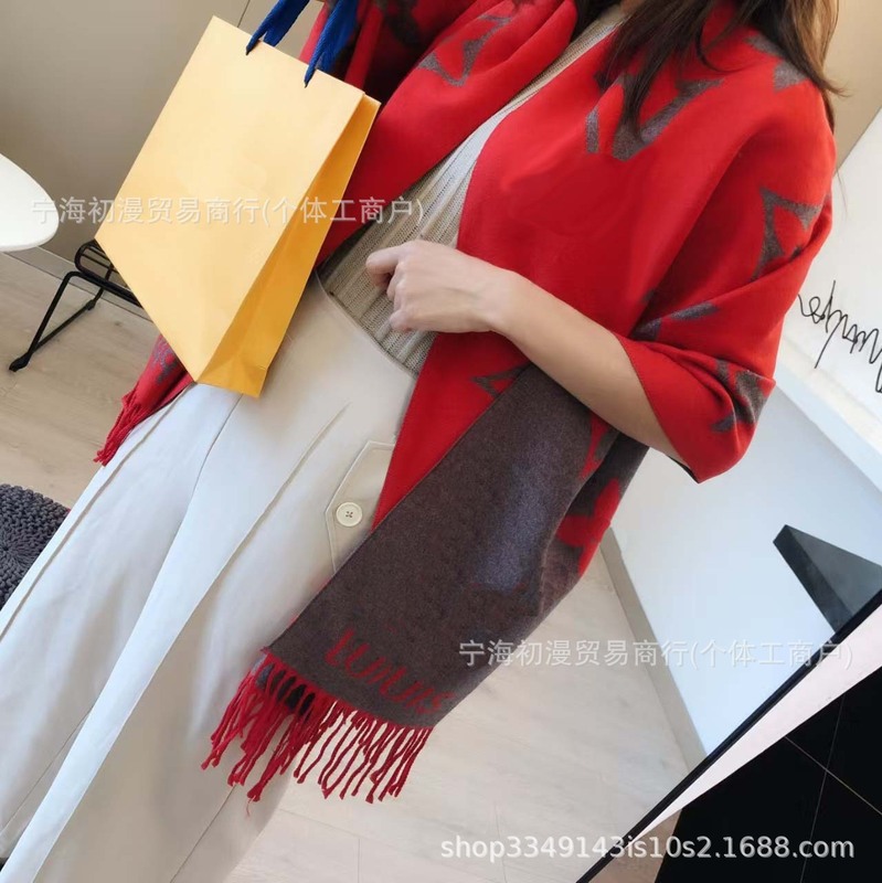 正确版本长双面仿羊绒围巾女高级感秋冬老花字母披肩加大保暖加厚|undefined
